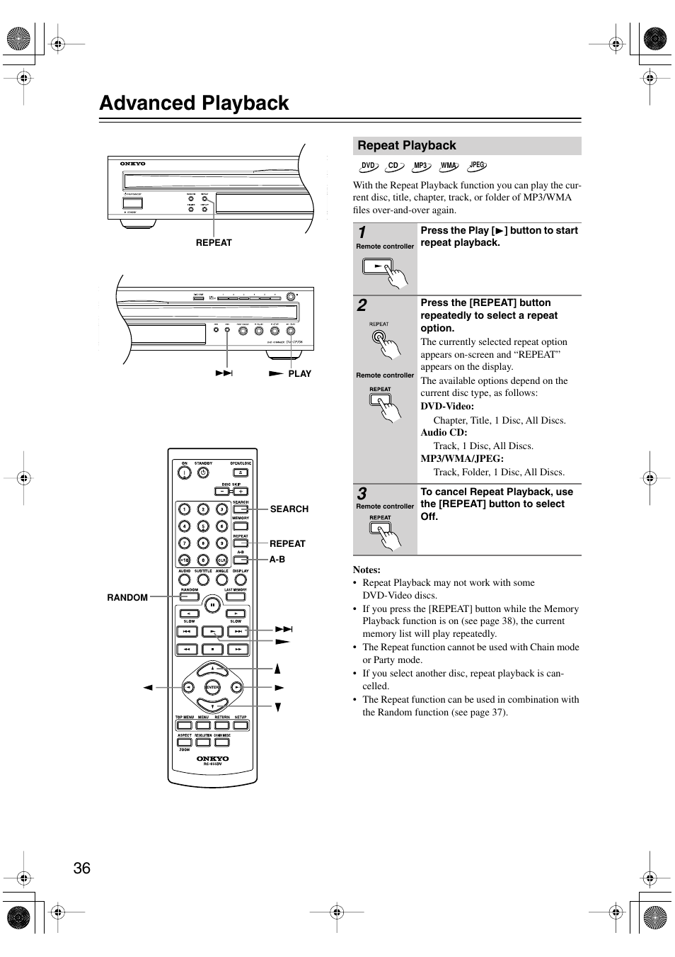 Advanced playback, Repeat playback, Playback techniques | Utton (36) | Onkyo DV-CP706 User Manual | Page 36 / 56