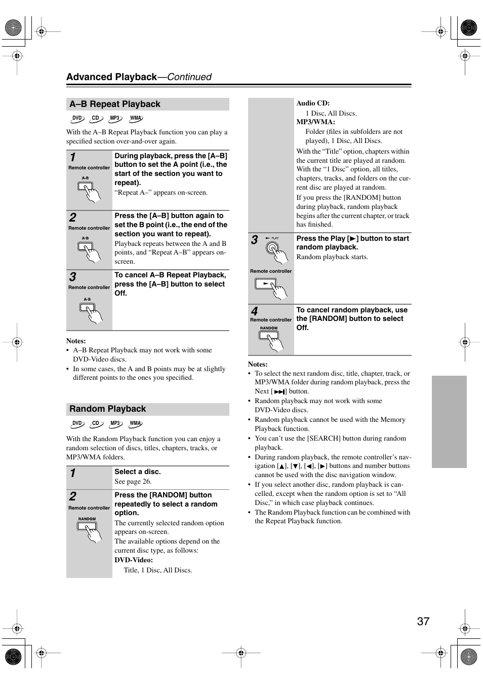 A–b repeat playback, Random playback, A–b repeat playback random playback | Utton (37), Advanced playback —continued | Onkyo DV-CP706 User Manual | Page 37 / 56