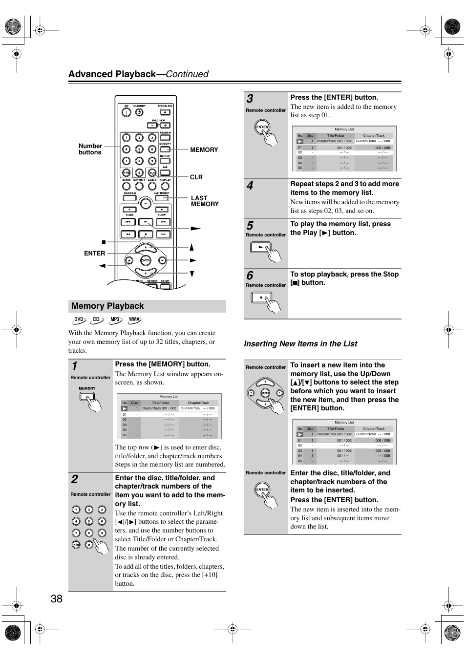 Memory playback, Utton (38), Advanced playback —continued | Inserting new items in the list | Onkyo DV-CP706 User Manual | Page 38 / 56
