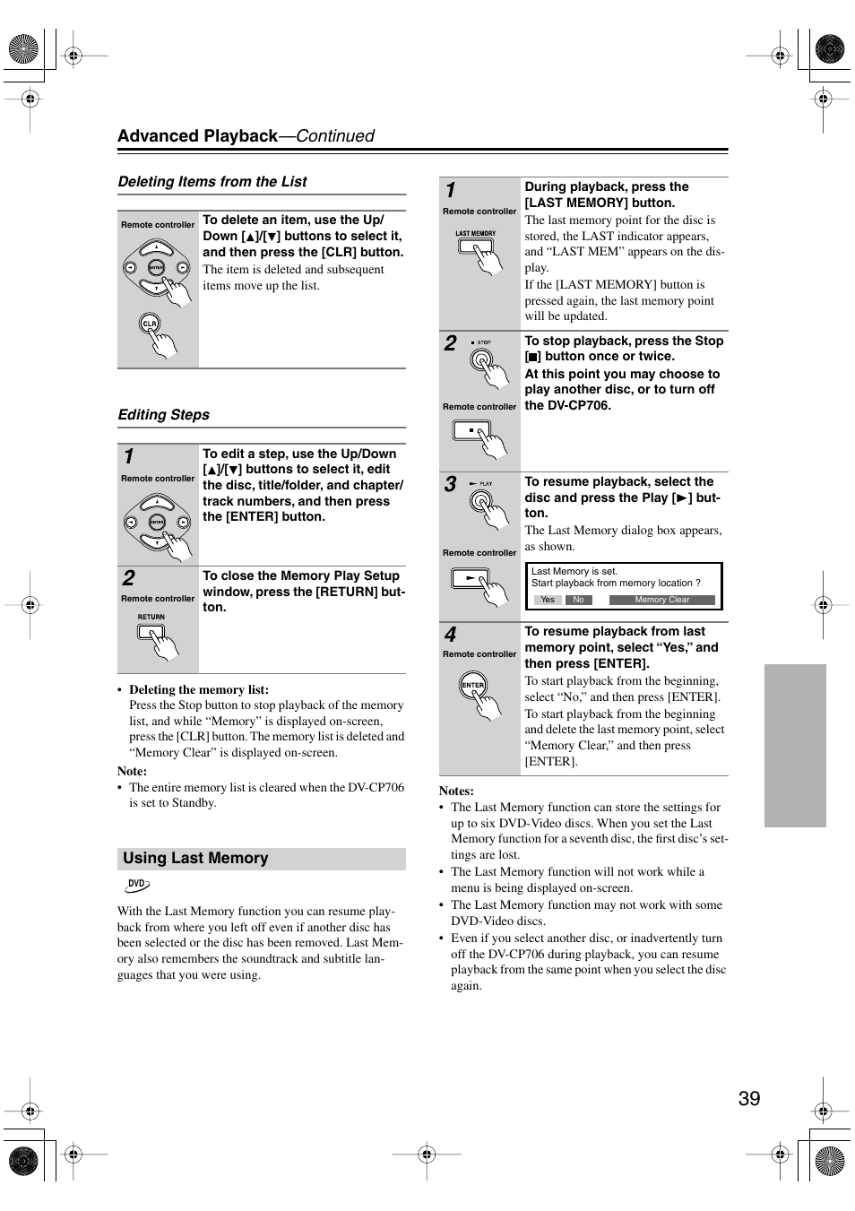 Using last memory, Last indicator (39), Utton (39 | Utton (39), Advanced playback —continued | Onkyo DV-CP706 User Manual | Page 39 / 56