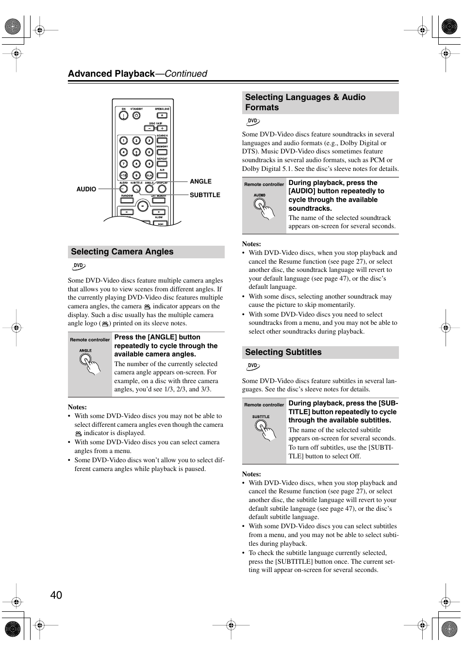 Selecting camera angles, Selecting languages & audio formats, Selecting subtitles | Indicator (40), Utton (40), Advanced playback —continued | Onkyo DV-CP706 User Manual | Page 40 / 56