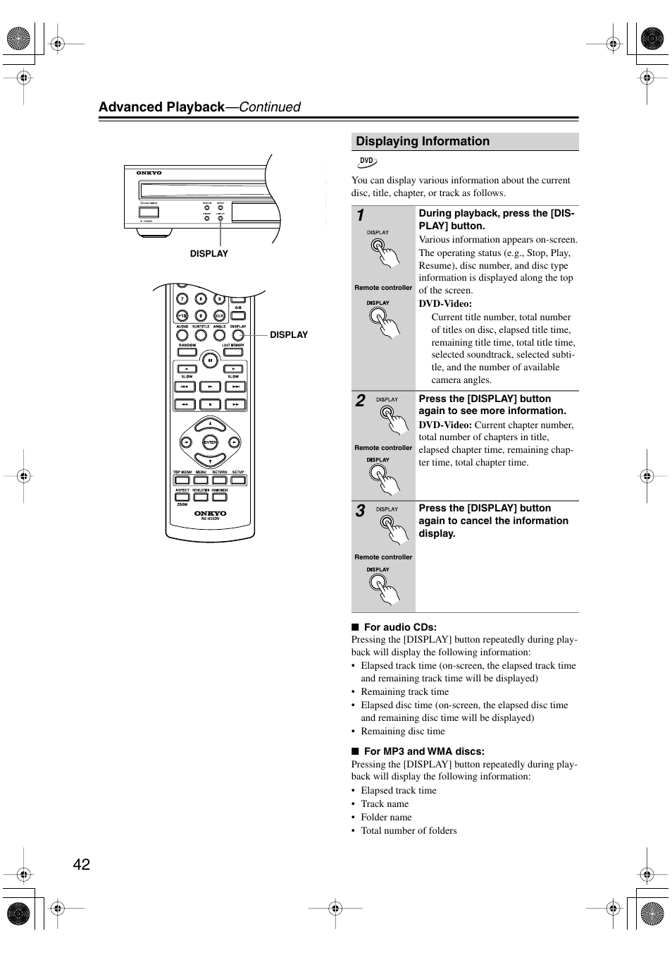 Displaying information, Utton (42), Advanced playback —continued | Onkyo DV-CP706 User Manual | Page 42 / 56