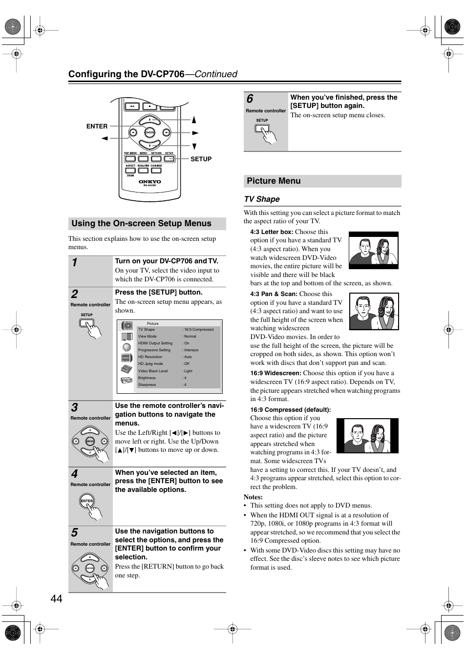 Using the on-screen setup menus, Picture menu, Using the on-screen setup menus picture menu | Utton (44), Tv shape, Configuring the dv-cp706 —continued | Onkyo DV-CP706 User Manual | Page 44 / 56