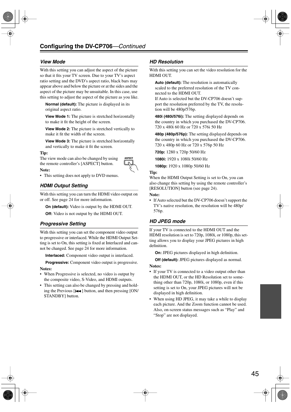 View mode, Hdmi output setting, Progressive setting | Hd resolution, Hd jpeg mode, Configuring the dv-cp706 —continued | Onkyo DV-CP706 User Manual | Page 45 / 56