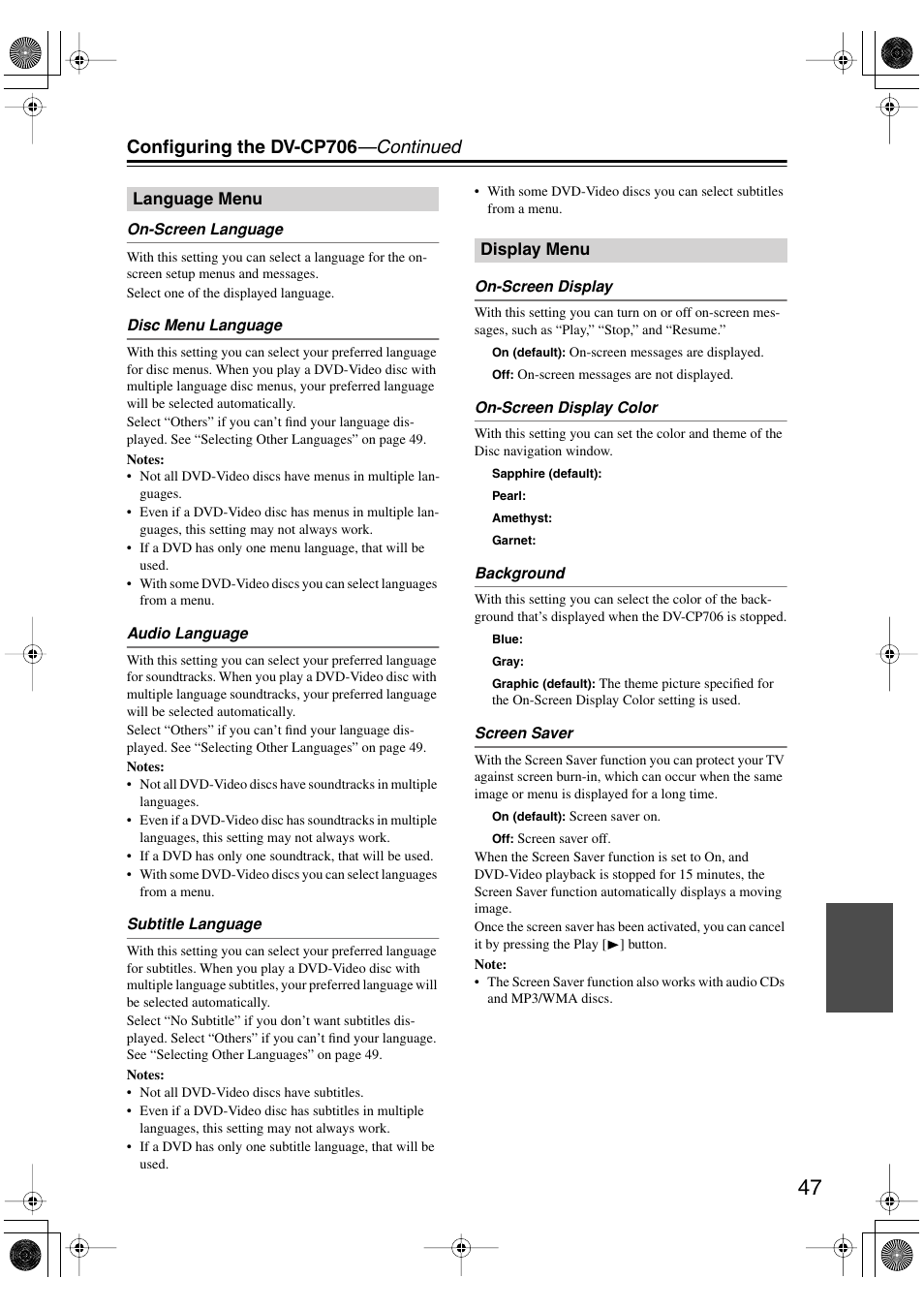 Language menu, Display menu, Language menu display menu | On-screen language, Disc menu language, Audio language, Subtitle language, On-screen display, On-screen display color, Background | Onkyo DV-CP706 User Manual | Page 47 / 56