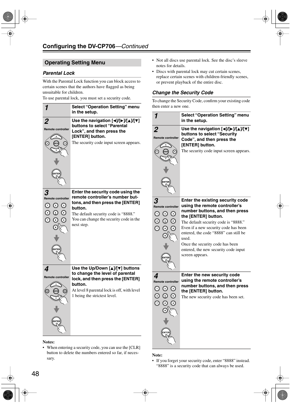 Operating setting menu, Parental lock | Onkyo DV-CP706 User Manual | Page 48 / 56