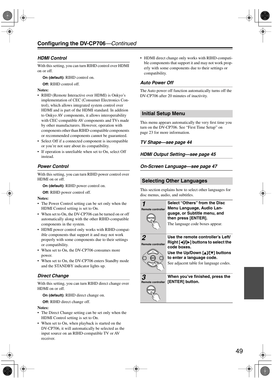 Initial setup menu, Selecting other languages, Initial setup menu selecting other languages | Auto power off, Configuring the dv-cp706 —continued | Onkyo DV-CP706 User Manual | Page 49 / 56