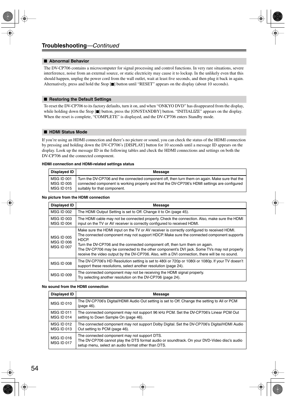 Troubleshooting —continued | Onkyo DV-CP706 User Manual | Page 54 / 56