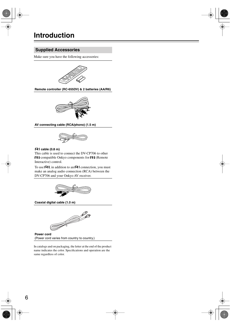 Introduction, Supplied accessories | Onkyo DV-CP706 User Manual | Page 6 / 56