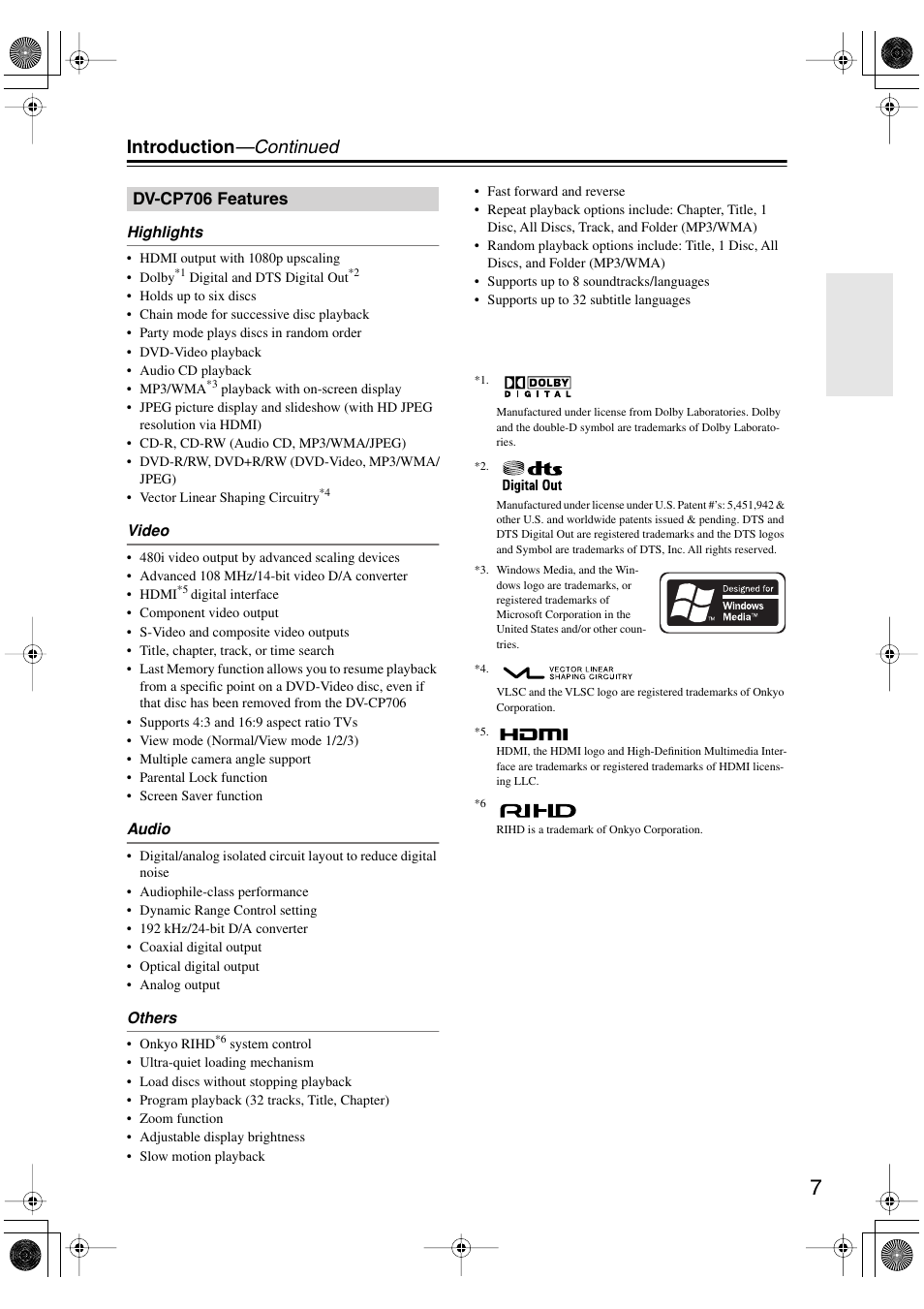 Dvcp706 features, Dv-cp706 features, Introduction —continued | Onkyo DV-CP706 User Manual | Page 7 / 56