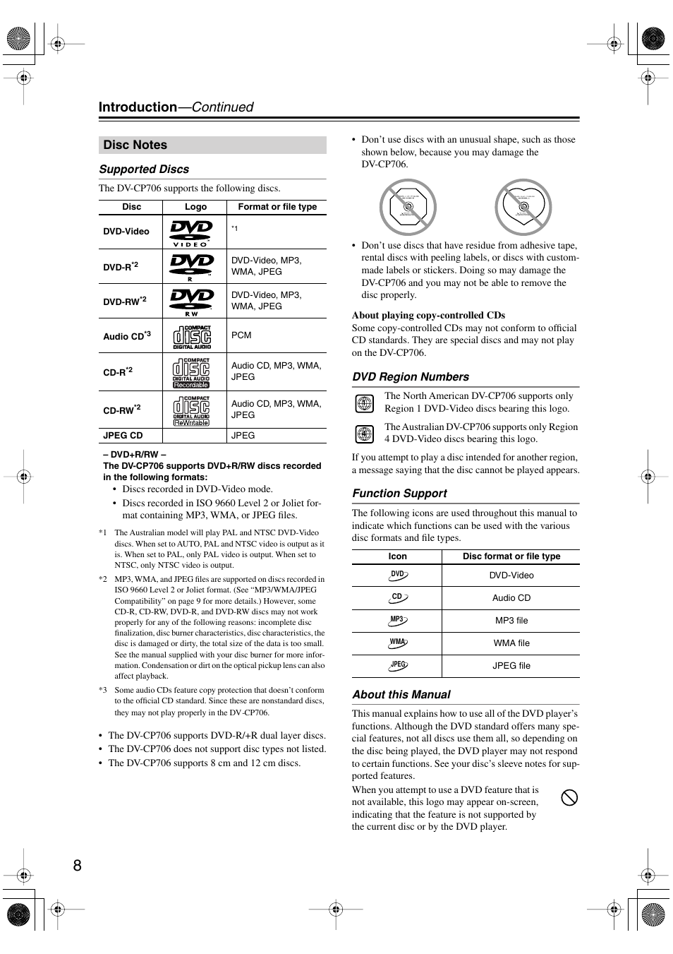 Disc notes, Introduction —continued | Onkyo DV-CP706 User Manual | Page 8 / 56