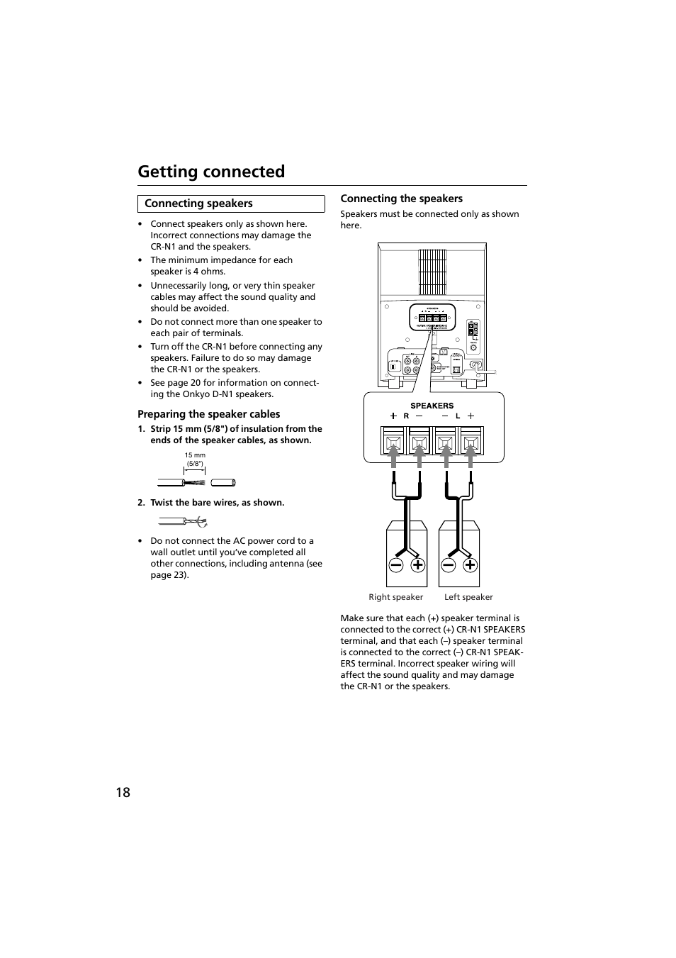 Getting connected, Connecting speakers, Preparing the speaker cables | Connecting the speakers, Speakers terminals [18 | Onkyo CR-N1 User Manual | Page 18 / 64