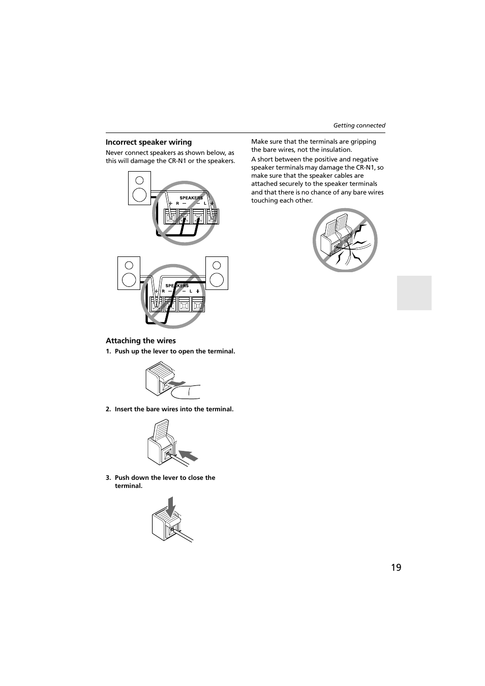 Incorrect speaker wiring, Attaching the wires | Onkyo CR-N1 User Manual | Page 19 / 64