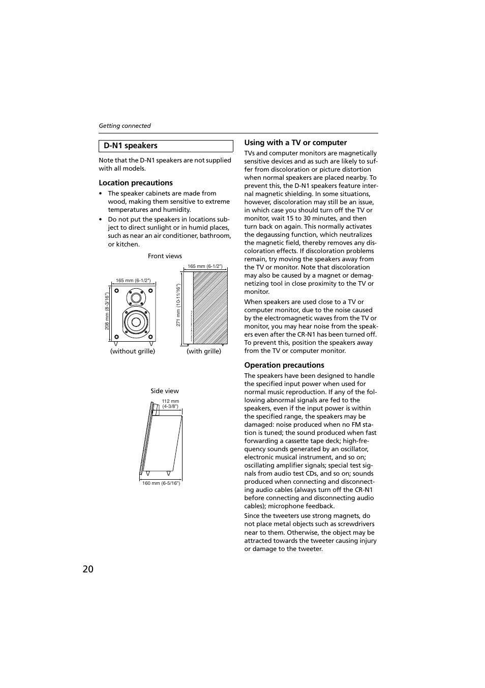 Dn1 speakers, Location precautions, Using with a tv or computer | Operation precautions, D-n1 speakers | Onkyo CR-N1 User Manual | Page 20 / 64