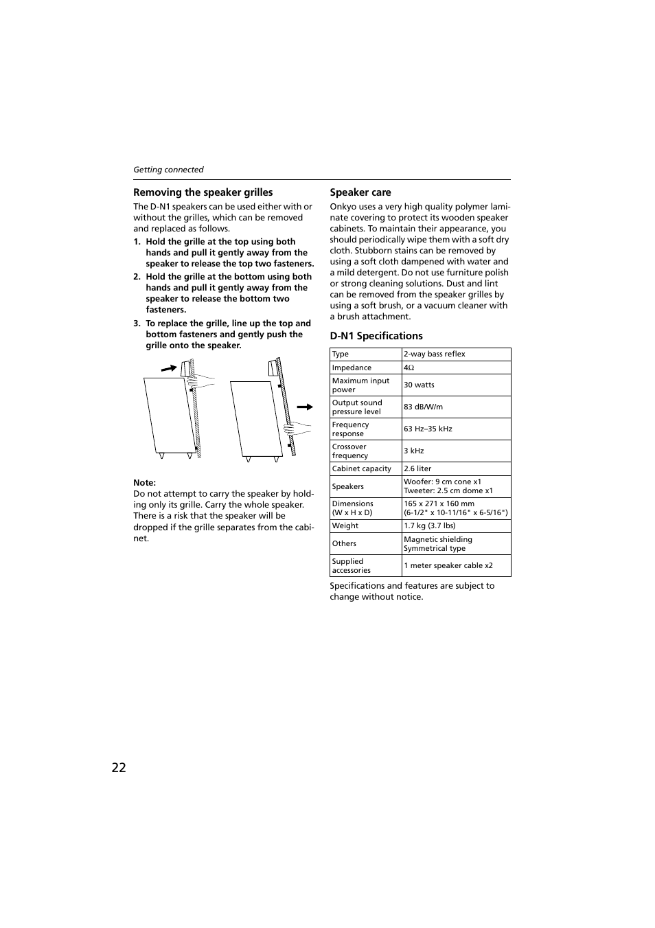 Removing the speaker grilles, Speaker care, Dn1 specifications | Onkyo CR-N1 User Manual | Page 22 / 64