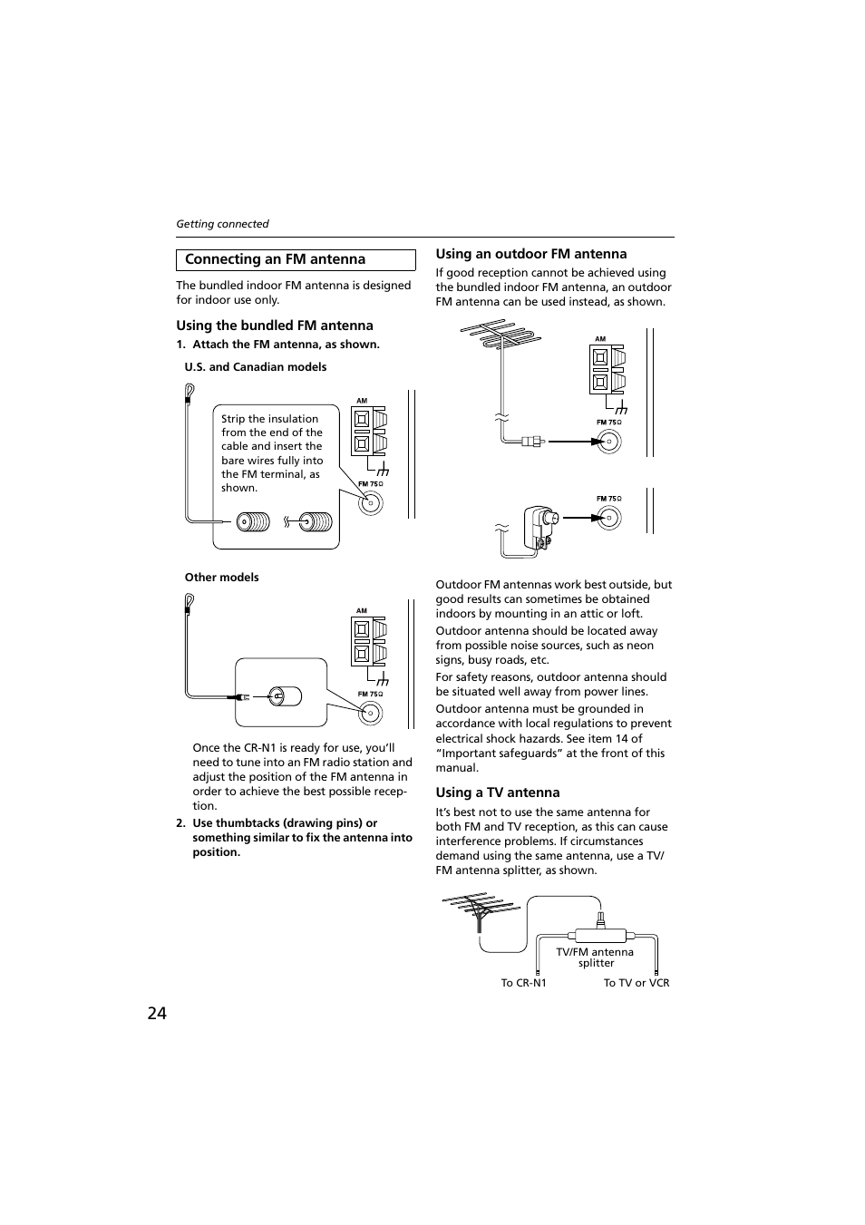 Connecting an fm antenna, Using the bundled fm antenna, Using an outdoor fm antenna | Using a tv antenna, Antenna connector [24 | Onkyo CR-N1 User Manual | Page 24 / 64