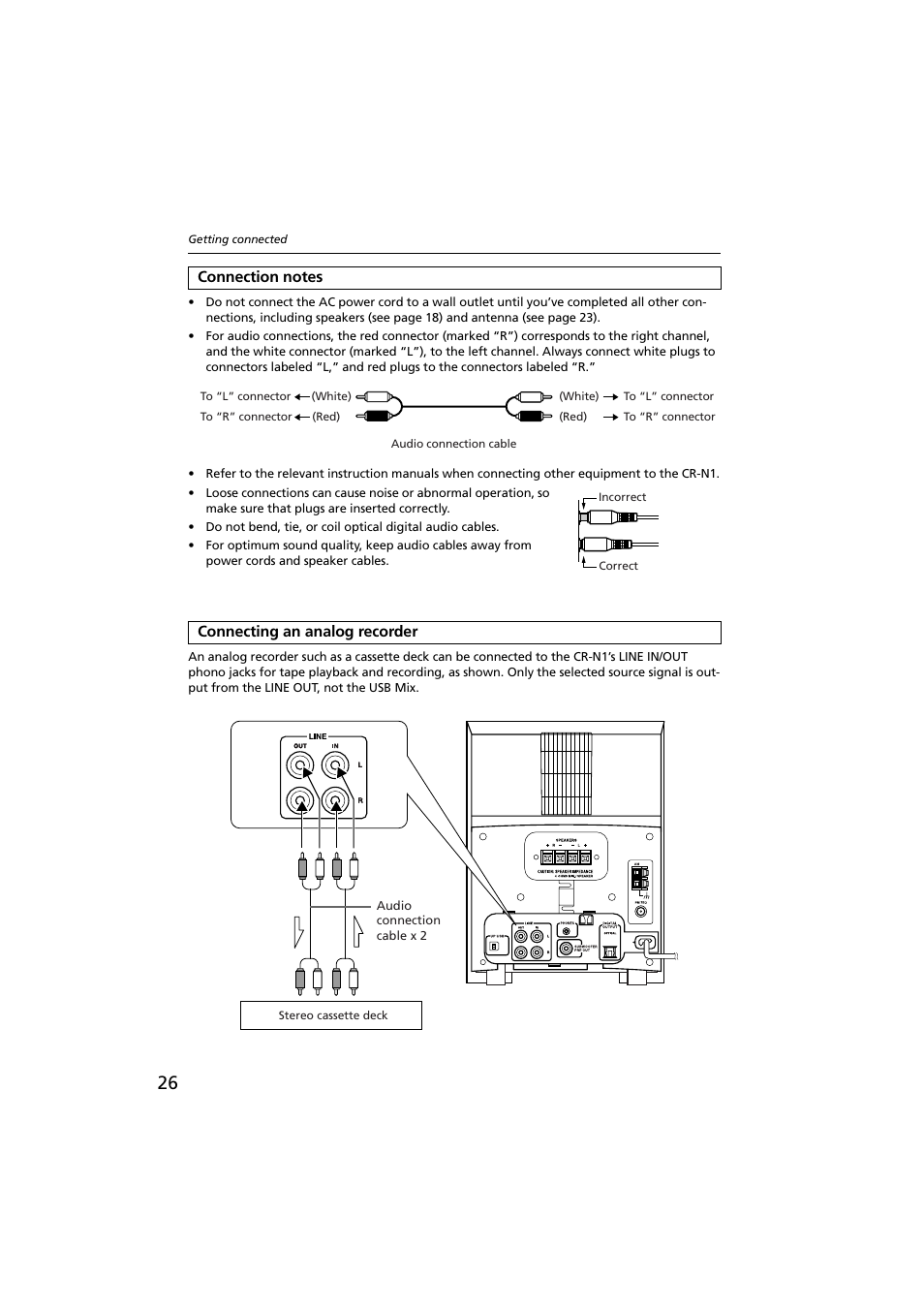 Connection notes, Connecting an analog recorder, Connection notes connecting an analog recorder | Line in/out connectors [26 | Onkyo CR-N1 User Manual | Page 26 / 64