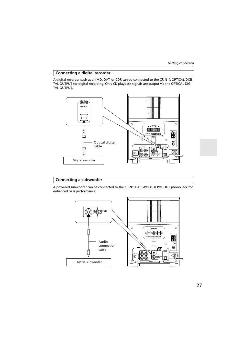 Connecting a digital recorder, Connecting a subwoofer, Connector [27 | Onkyo CR-N1 User Manual | Page 27 / 64