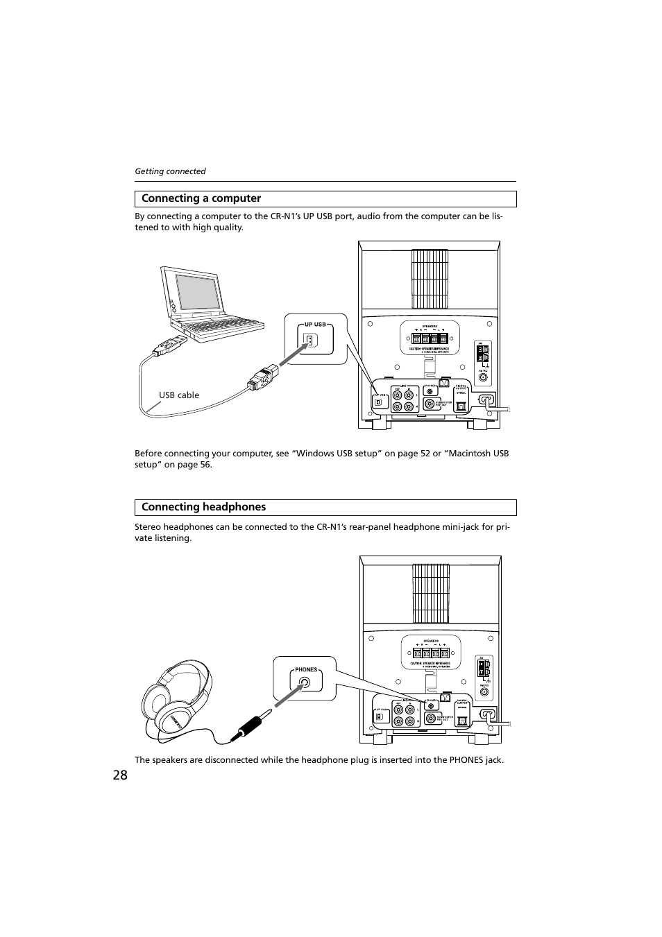 Connecting a computer, Connecting headphones, Connecting a computer connecting headphones | Up usb port [28, Phones jack [28 | Onkyo CR-N1 User Manual | Page 28 / 64