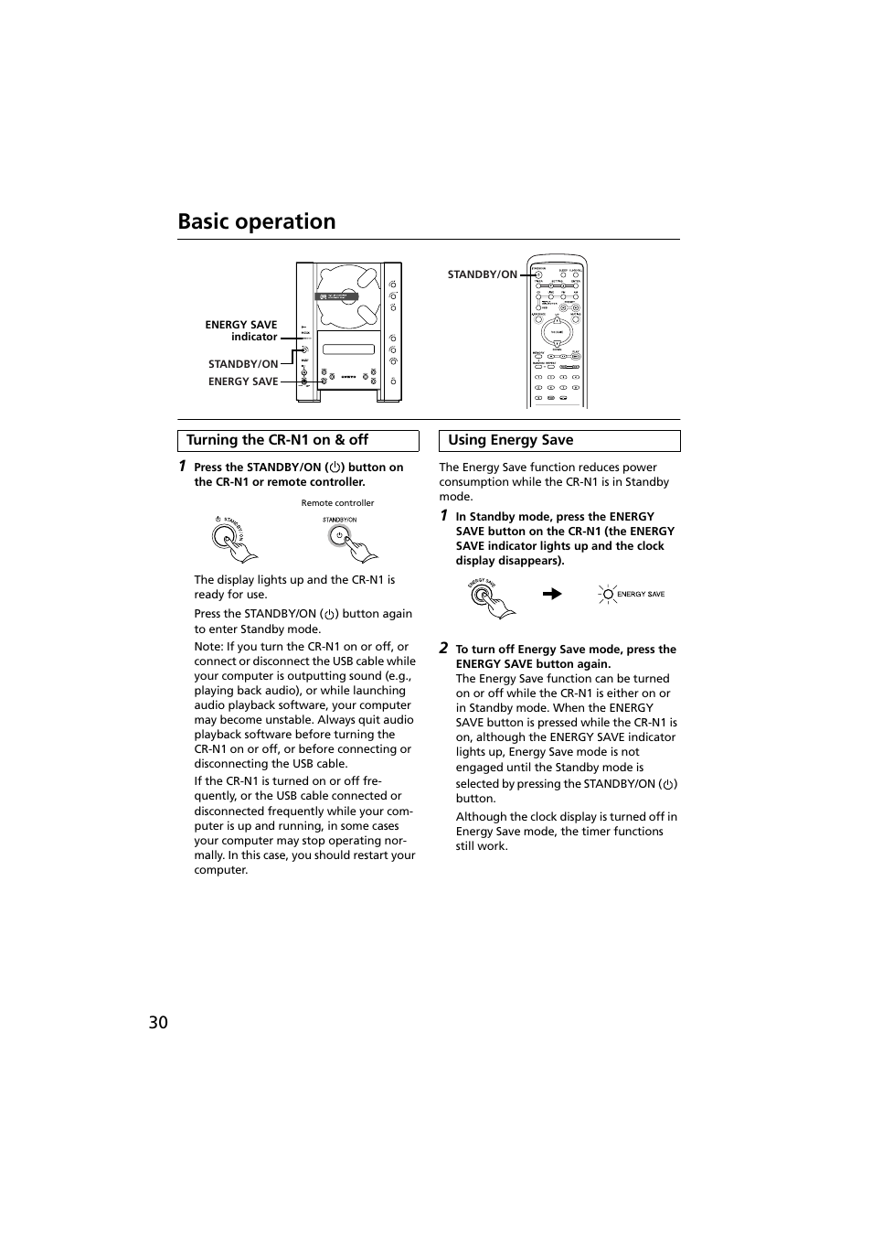 Basic operation, Turning the crn1 on & off, Using energy save | Turning the cr-n1 on & off using energy save, Ve indicator [30, Andby/on button [30, Ve button [30, Andyby/on button [30 | Onkyo CR-N1 User Manual | Page 30 / 64