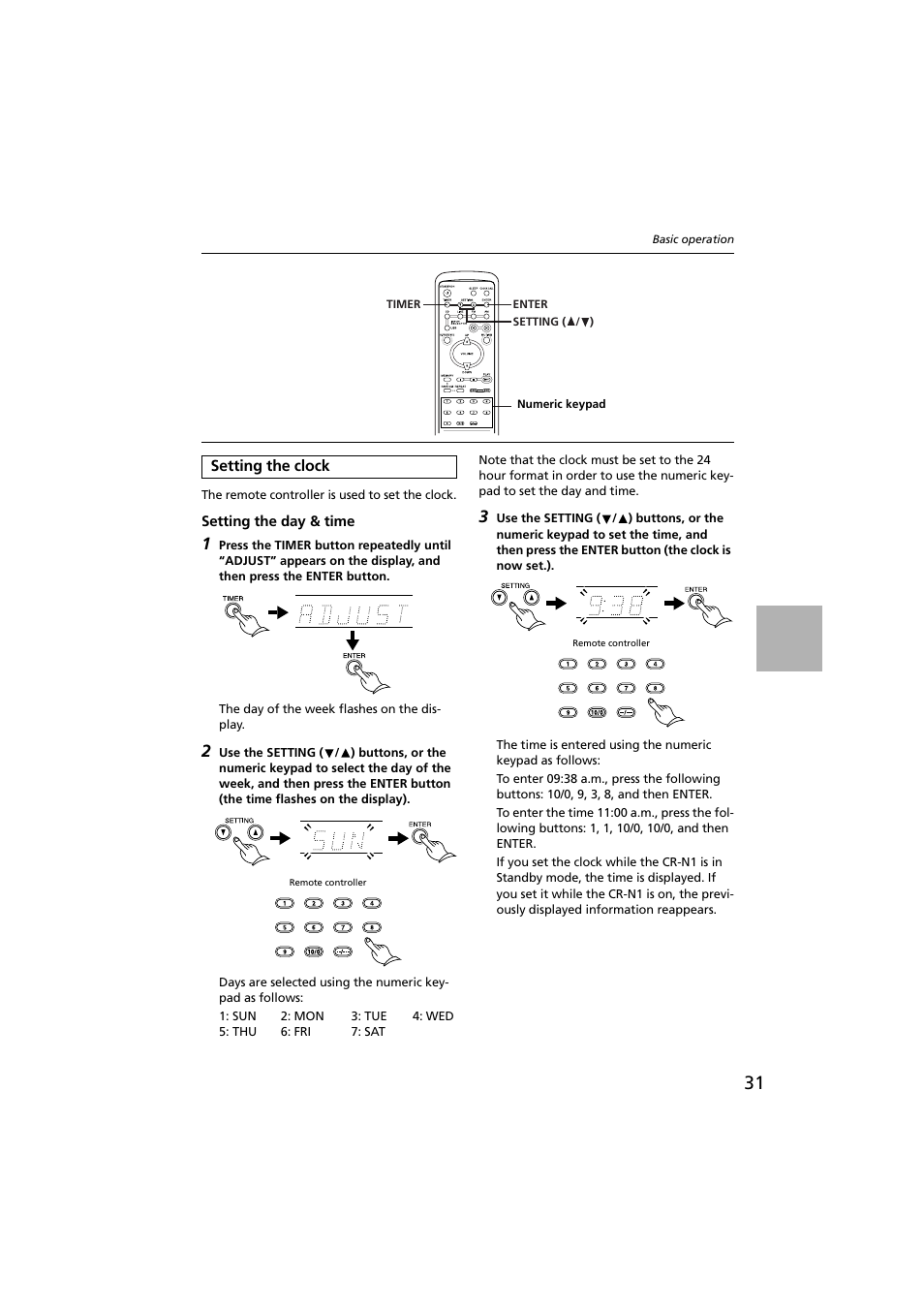 Setting the clock, Setting the day & time, Setting buttons [31, 47–49 | Timer button [31, 47–49, Enter button [31, 47–49, Numeric keypad [31, 37, 39 | Onkyo CR-N1 User Manual | Page 31 / 64