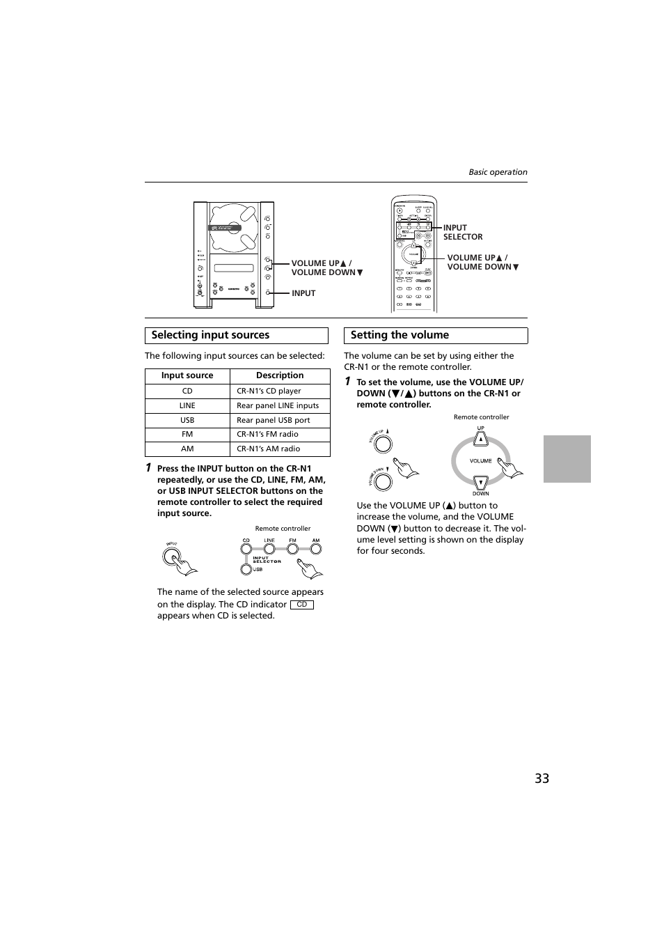 Selecting input sources, Setting the volume, Selecting input sources setting the volume | Volume up button [33, Volume down button [33, Input selector button [33, Selector buttons [33, Volume up/down buttons [33 | Onkyo CR-N1 User Manual | Page 33 / 64