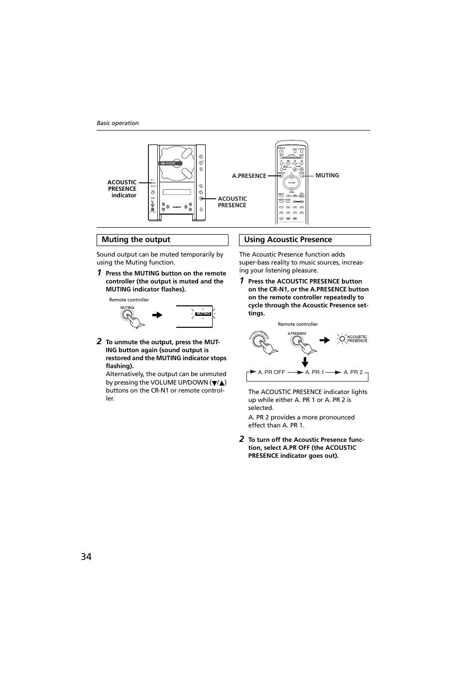Muting the output, Using acoustic presence, Muting the output using acoustic presence | Troubleshooting, Acoustic presence indicator [34, Acoustic presence button [34, A.presence button [34, Muting button [34 | Onkyo CR-N1 User Manual | Page 34 / 64