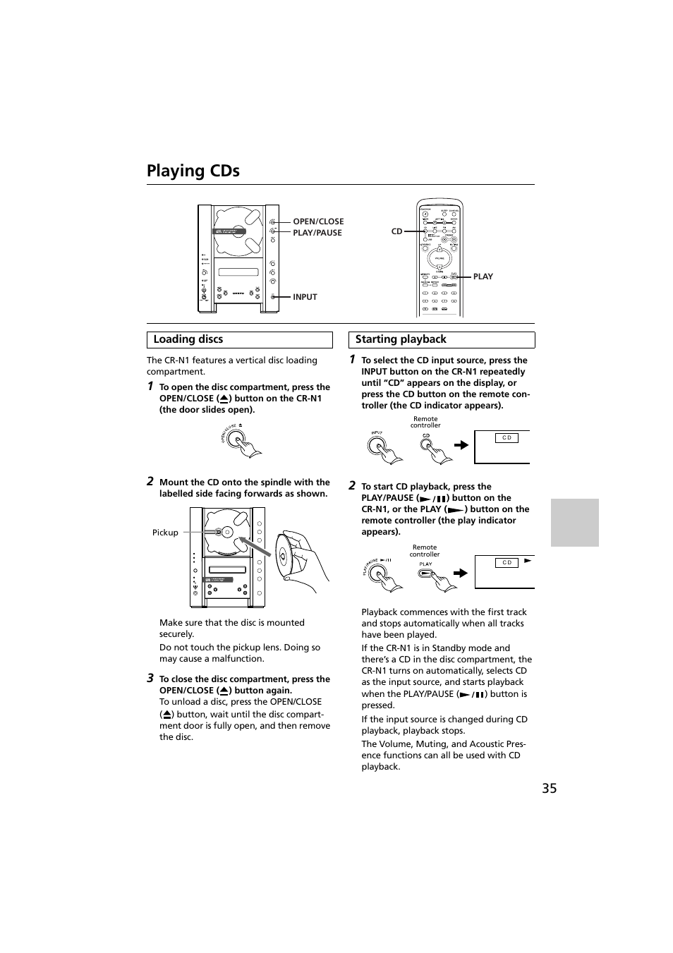 Playing cds, Loading discs, Starting playback | Loading discs starting playback, Cd compartment [35, Open/close button [35, Ause button [35, 36, Y button [35 | Onkyo CR-N1 User Manual | Page 35 / 64