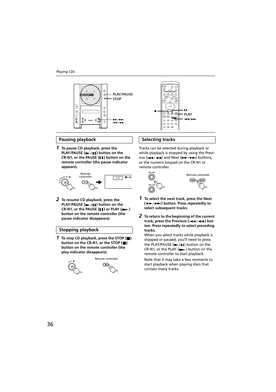 Pausing playback, Stopping playback, Selecting tracks | Stop button [36, Pause button [36, Evious/next buttons [36, 39 | Onkyo CR-N1 User Manual | Page 36 / 64
