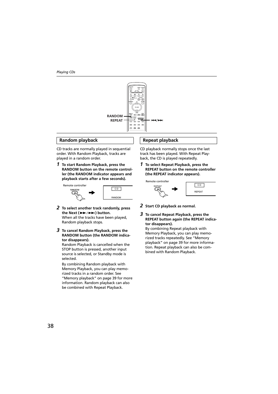Random playback, Repeat playback, Random playback repeat playback | Random button [38, T button [38 | Onkyo CR-N1 User Manual | Page 38 / 64