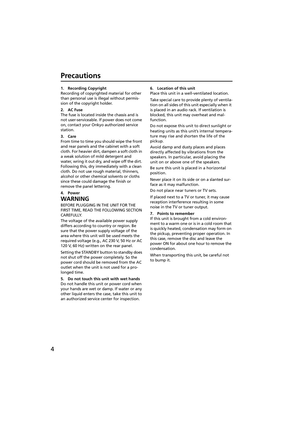 Precautions, Warning | Onkyo CR-N1 User Manual | Page 4 / 64