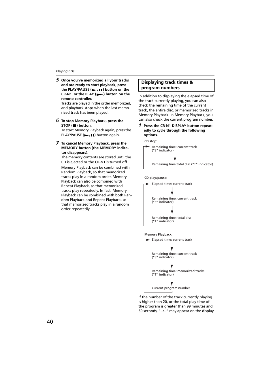 Displaying track times & program numbers, Y button [40, 44–46 | Onkyo CR-N1 User Manual | Page 40 / 64