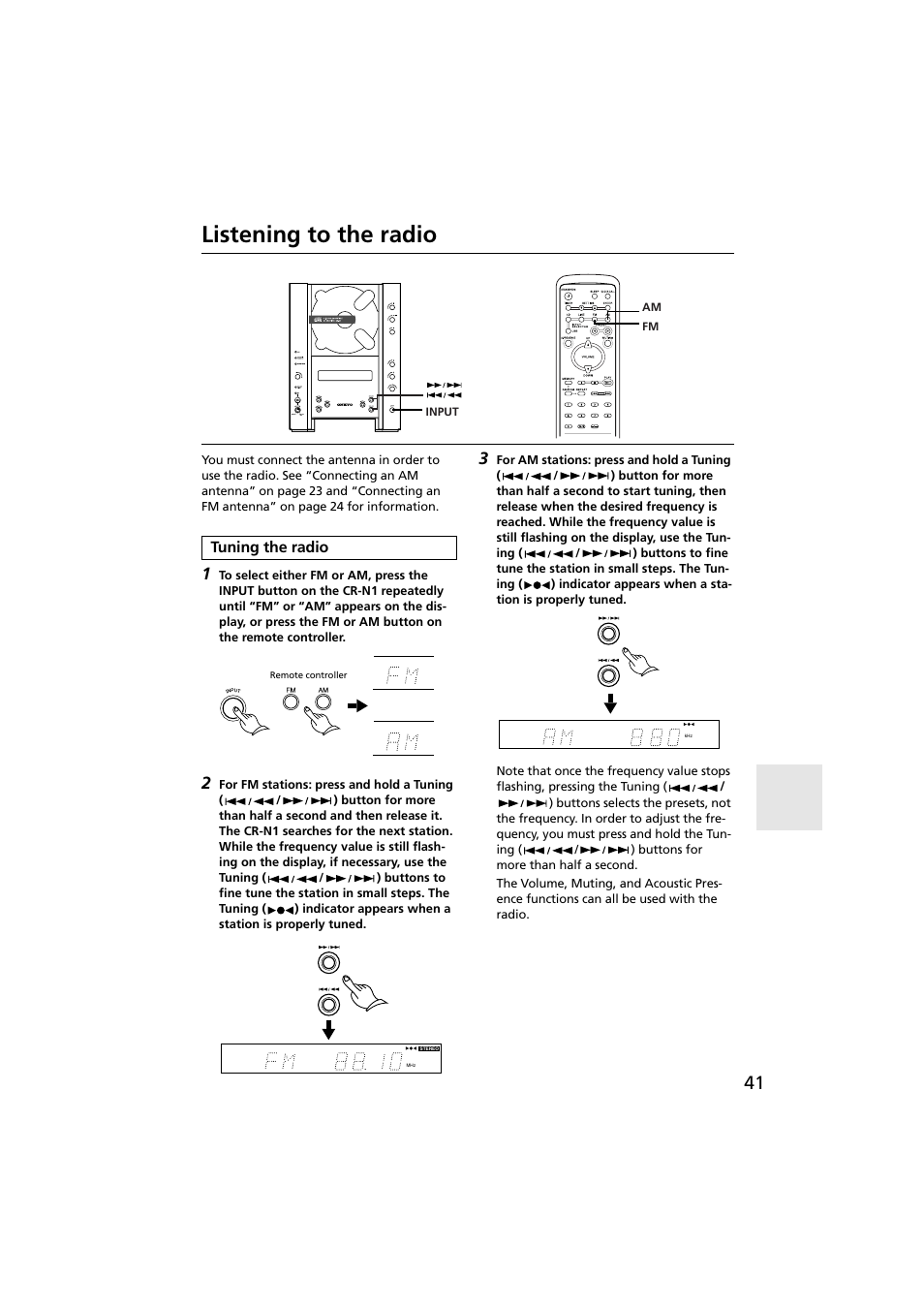 Listening to the radio, Tuning the radio | Onkyo CR-N1 User Manual | Page 41 / 64