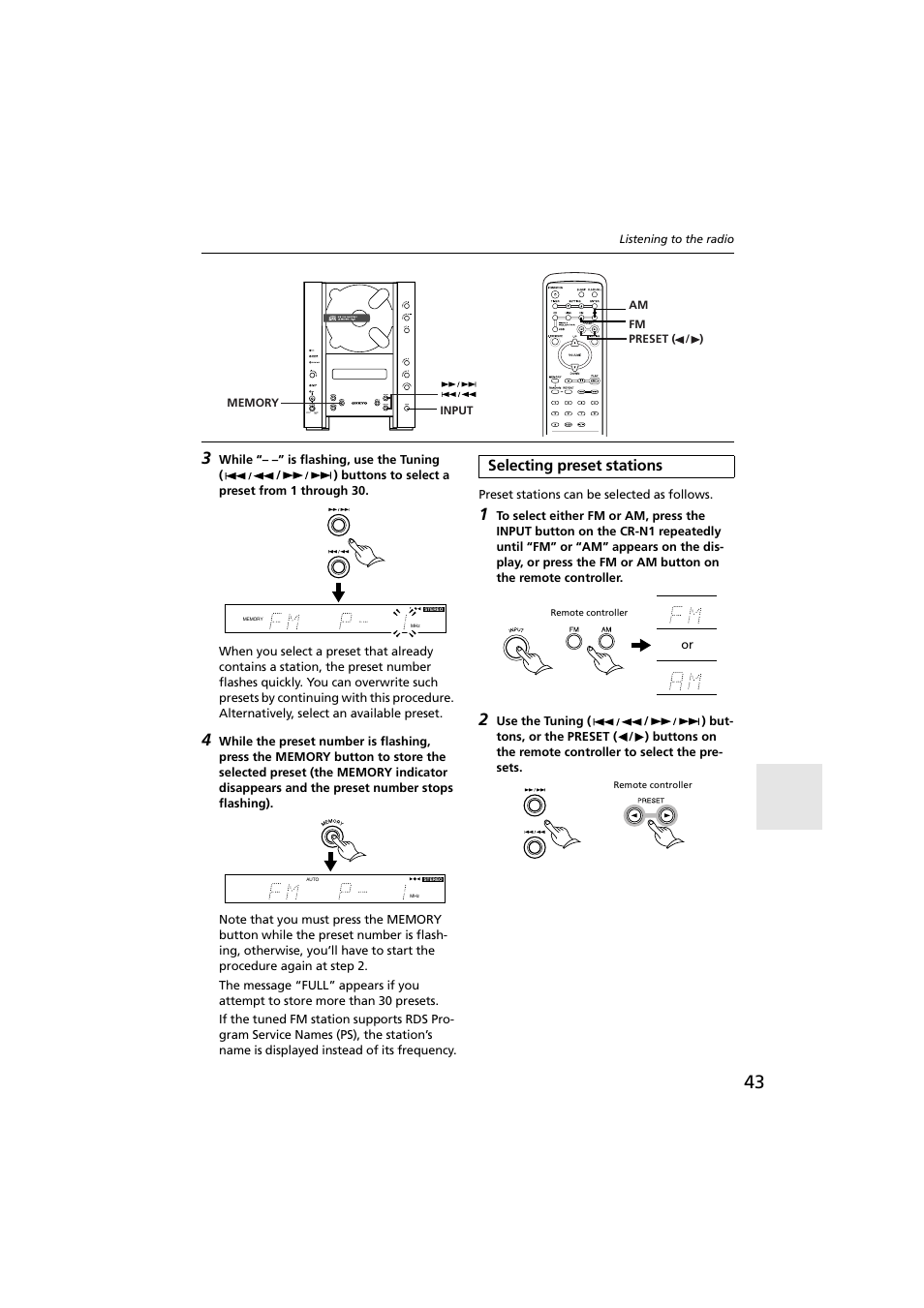 Selecting preset stations, Preset buttons [43 | Onkyo CR-N1 User Manual | Page 43 / 64