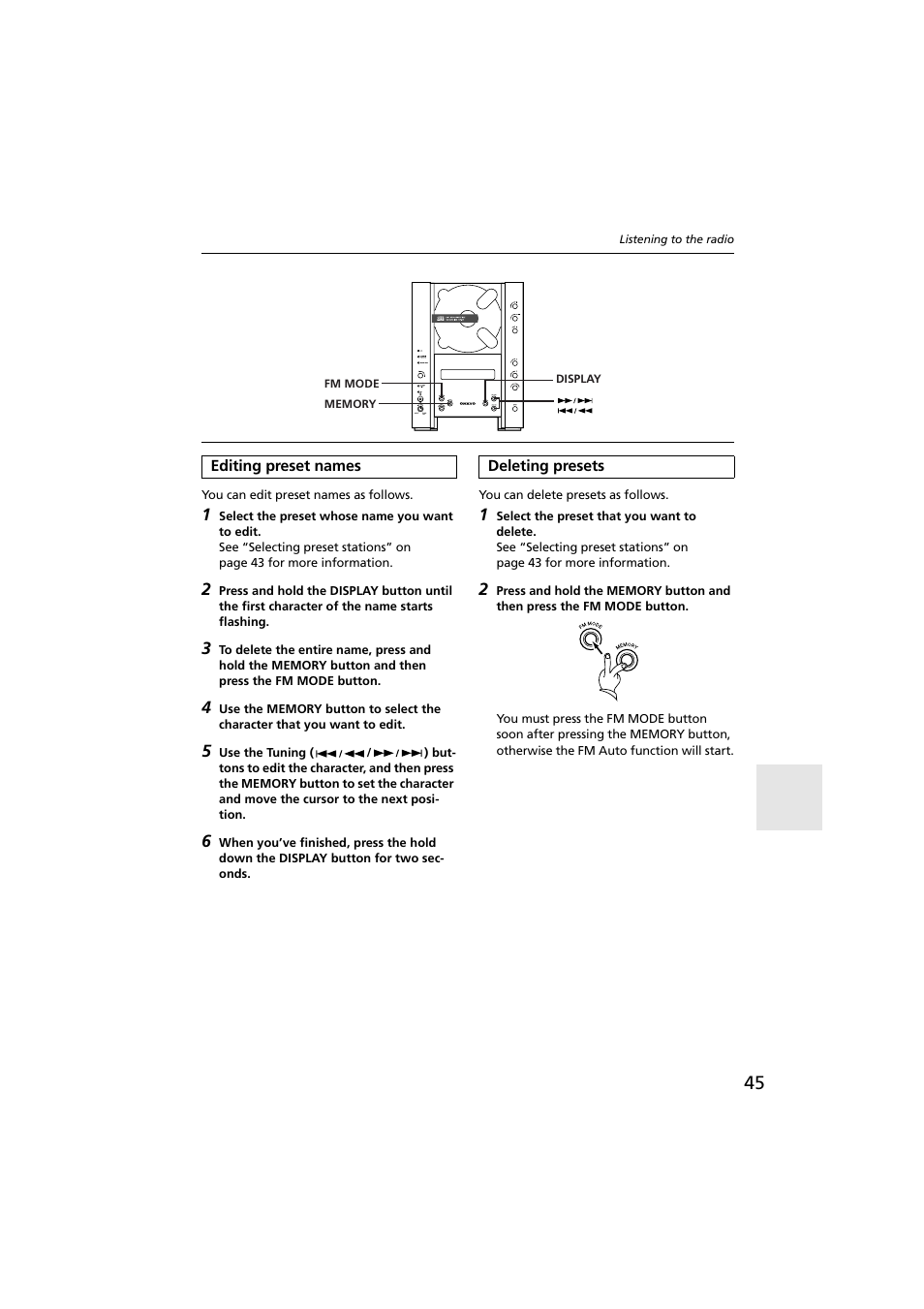 Editing preset names, Deleting presets, Editing preset names deleting presets | Fm mode button [45 | Onkyo CR-N1 User Manual | Page 45 / 64