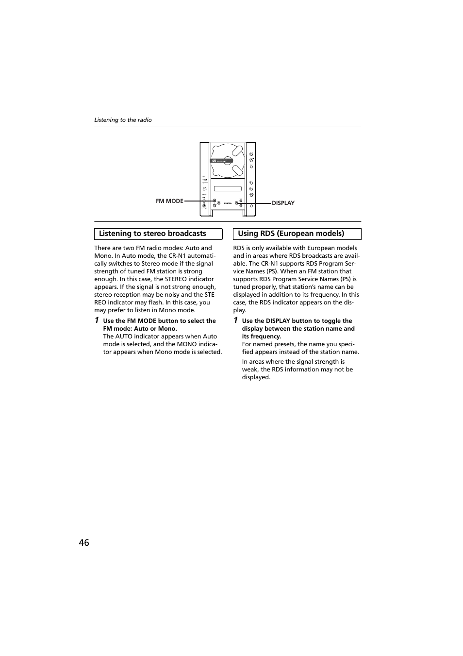 Listening to stereo broadcasts, Using rds (european models) | Onkyo CR-N1 User Manual | Page 46 / 64