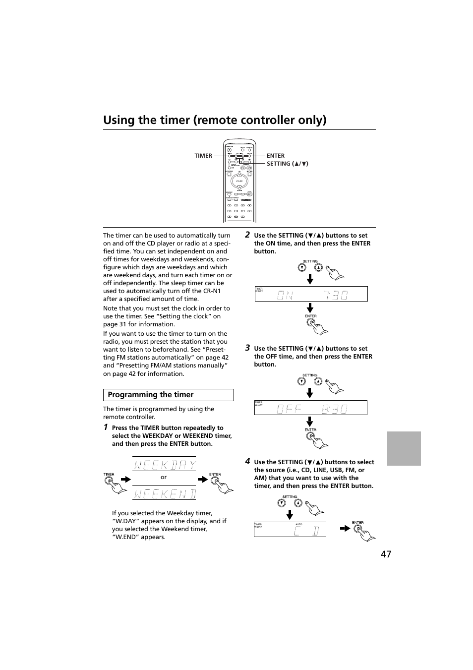 Using the timer (remote controller only), Programming the timer | Onkyo CR-N1 User Manual | Page 47 / 64
