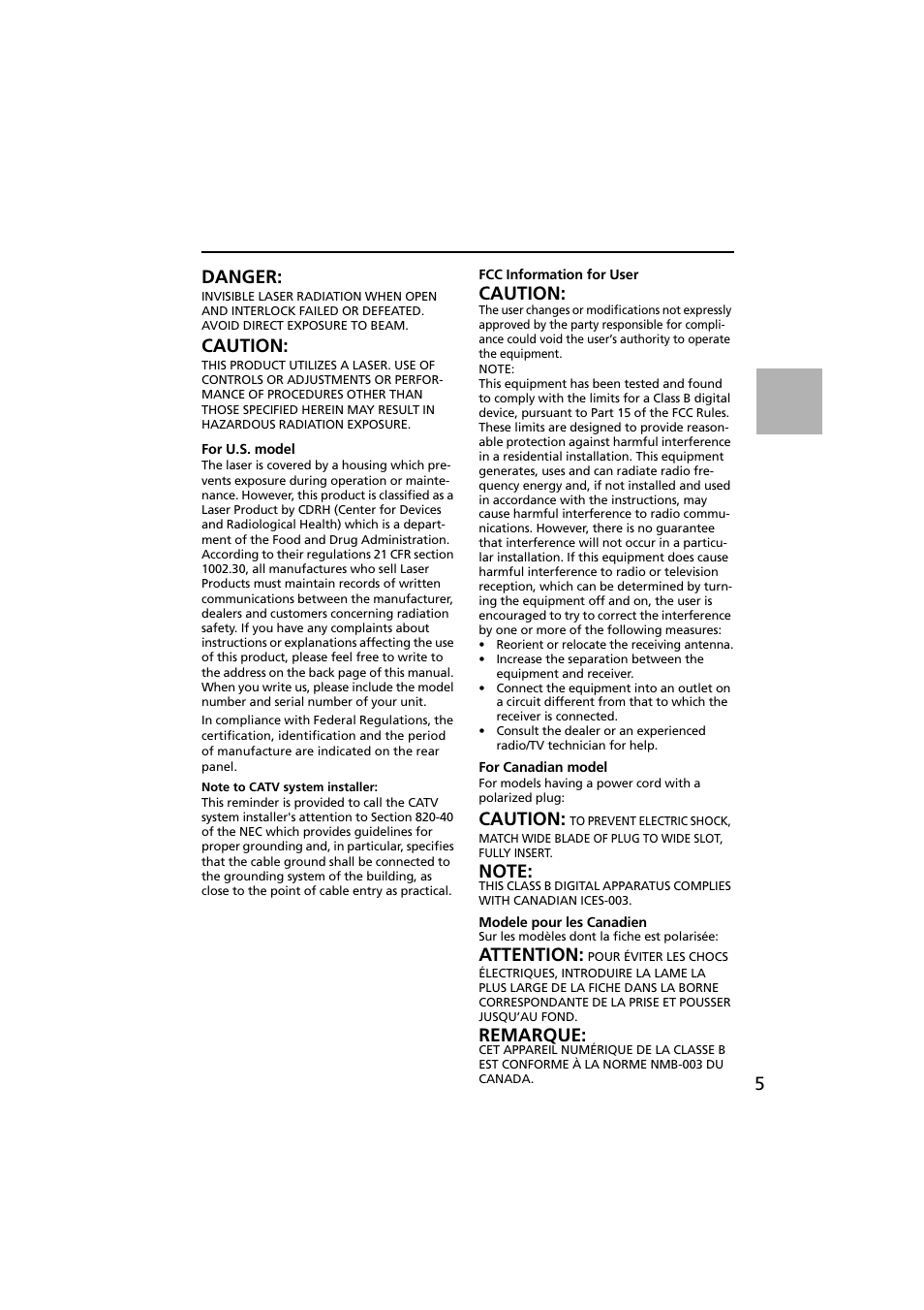 For u.s. model, Fcc information for user, For canadian model | Modele pour les canadien, 5danger, Caution, Attention, Remarque | Onkyo CR-N1 User Manual | Page 5 / 64