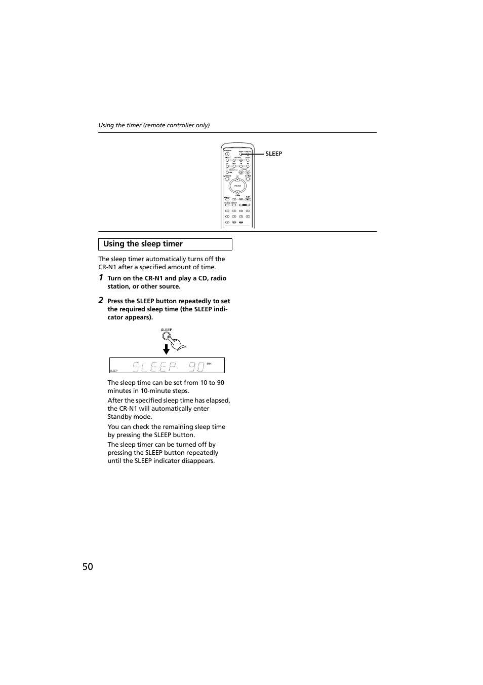 Using the sleep timer, Sleep button [50 | Onkyo CR-N1 User Manual | Page 50 / 64