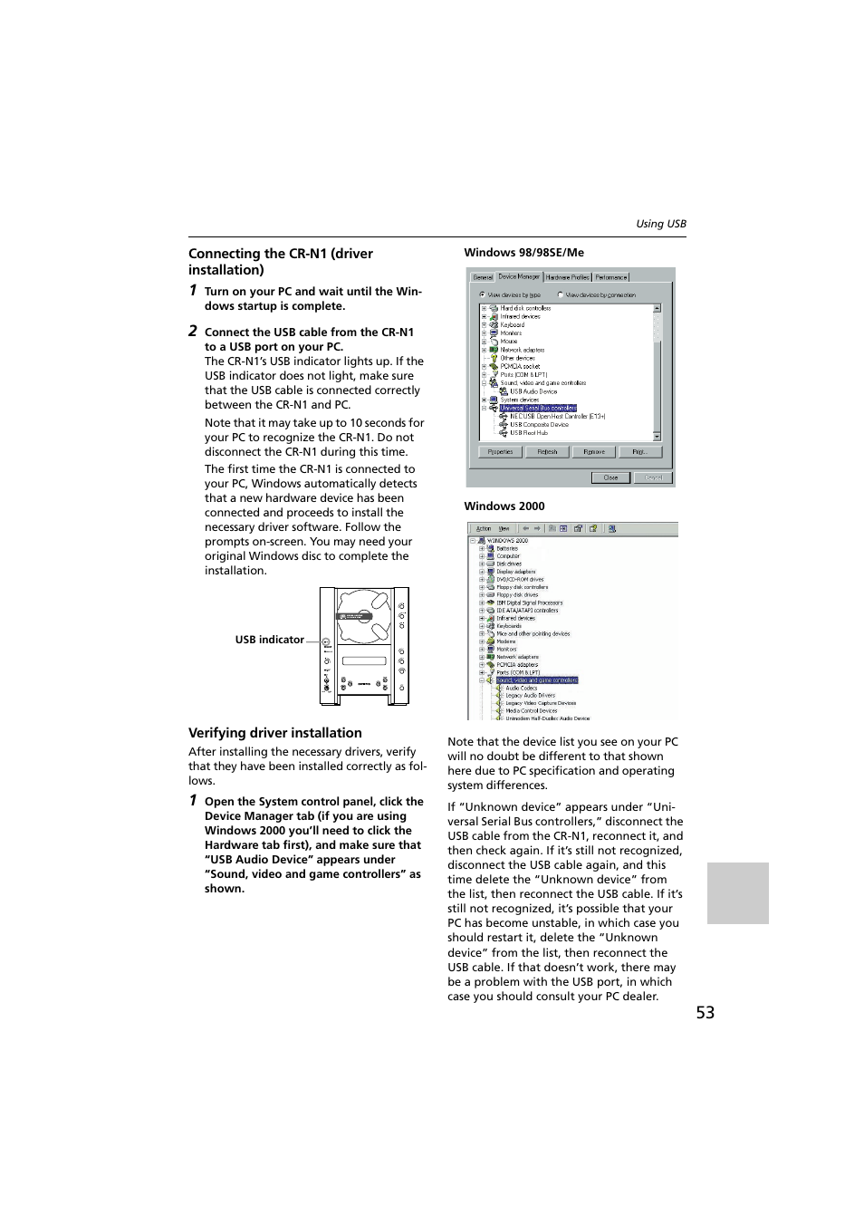 Connecting the crn1 (driver installation), Verifying driver installation, Usb indicator [53, 56 | Onkyo CR-N1 User Manual | Page 53 / 64