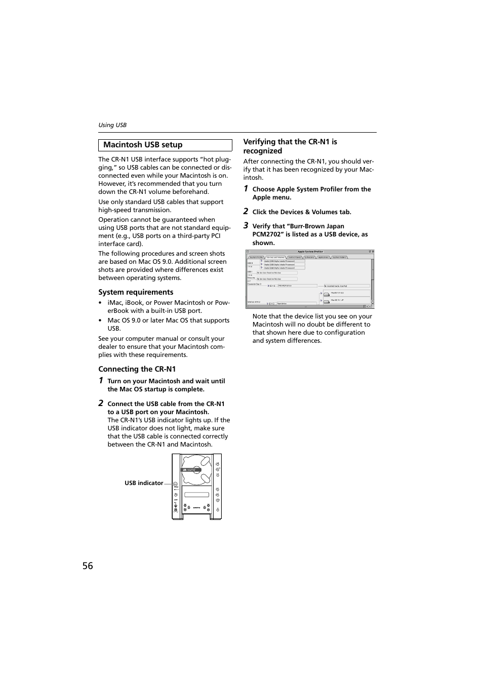 Macintosh usb setup, System requirements, Connecting the crn1 | Verifying that the crn1 is recognized | Onkyo CR-N1 User Manual | Page 56 / 64