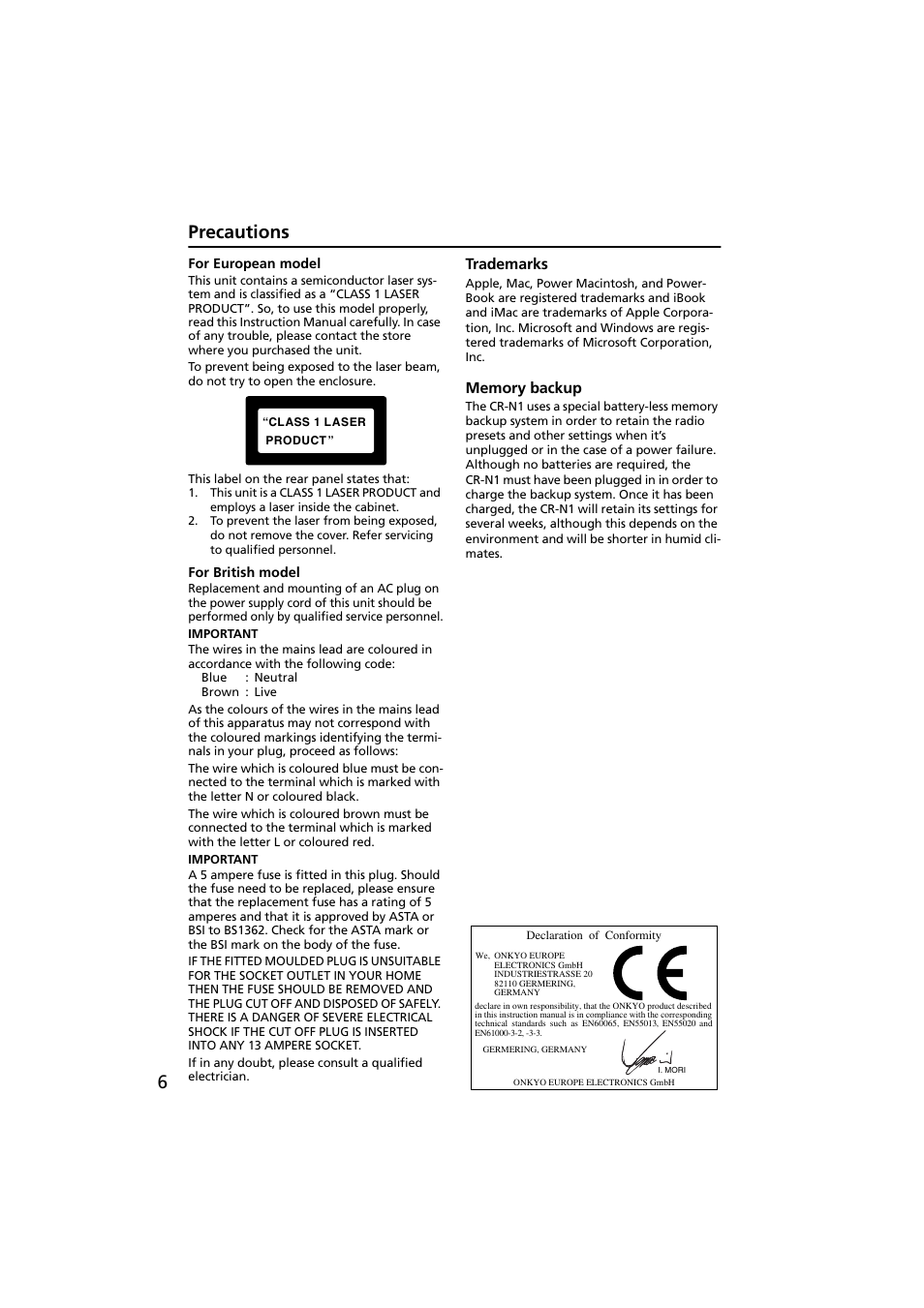 For european model, For british model, Trademarks | Memory backup, Precautions | Onkyo CR-N1 User Manual | Page 6 / 64