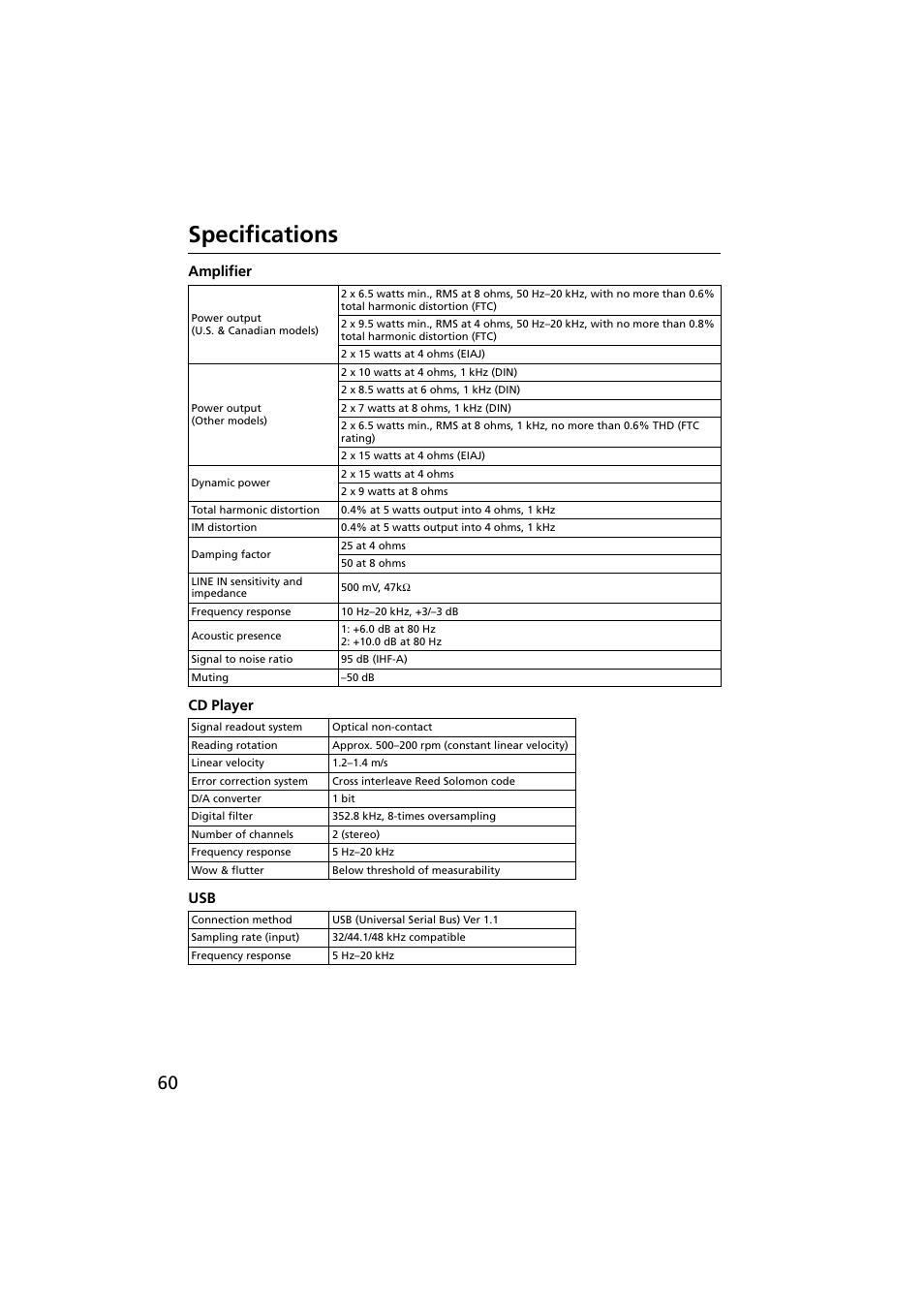 Amplifier, Cd player, Specifications | Onkyo CR-N1 User Manual | Page 60 / 64