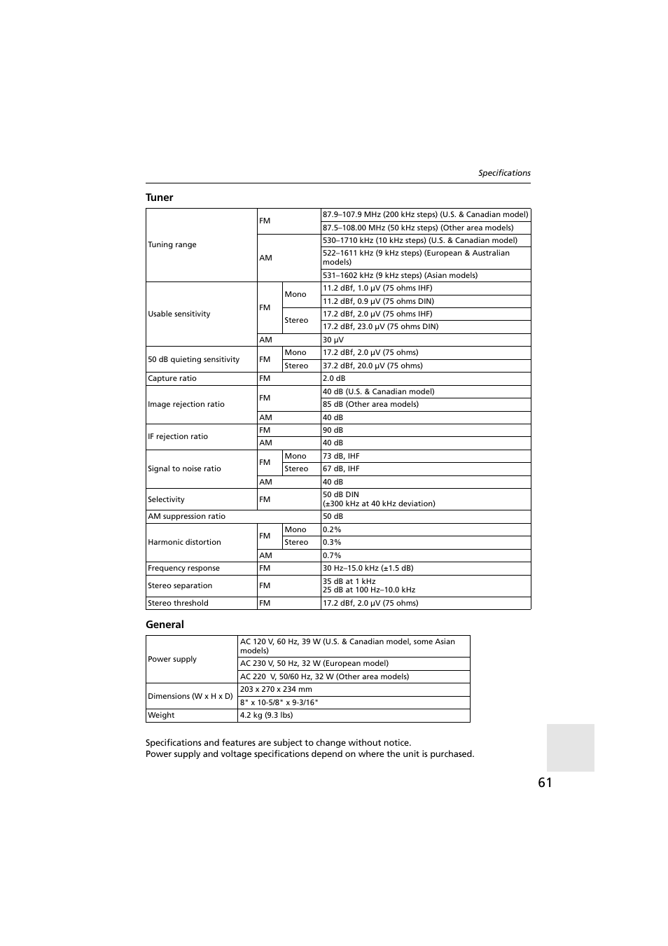 Tuner, General, Tuner general | Onkyo CR-N1 User Manual | Page 61 / 64