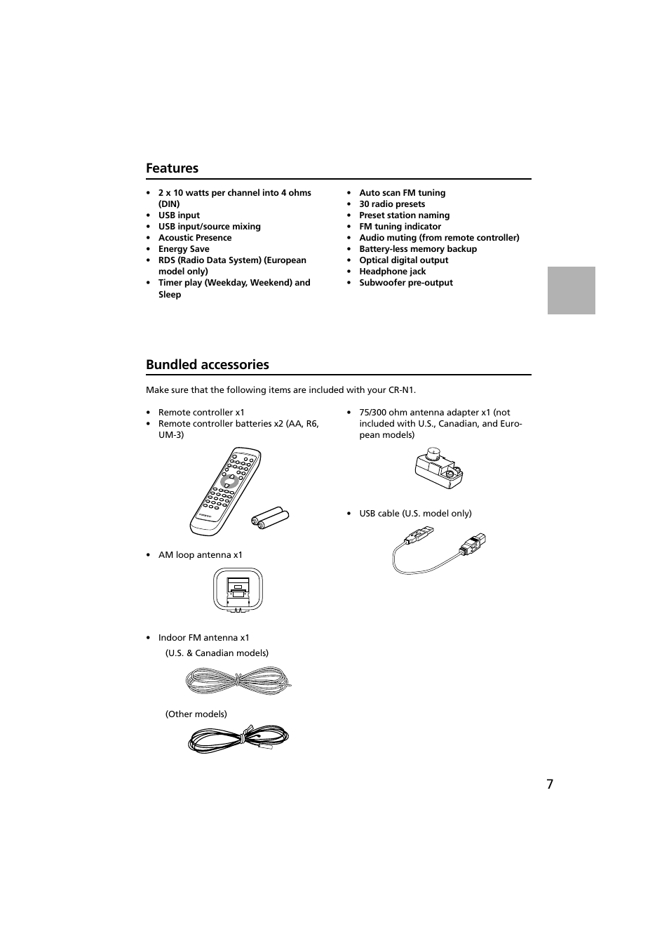 Features, Bundled accessories, 7features | Onkyo CR-N1 User Manual | Page 7 / 64