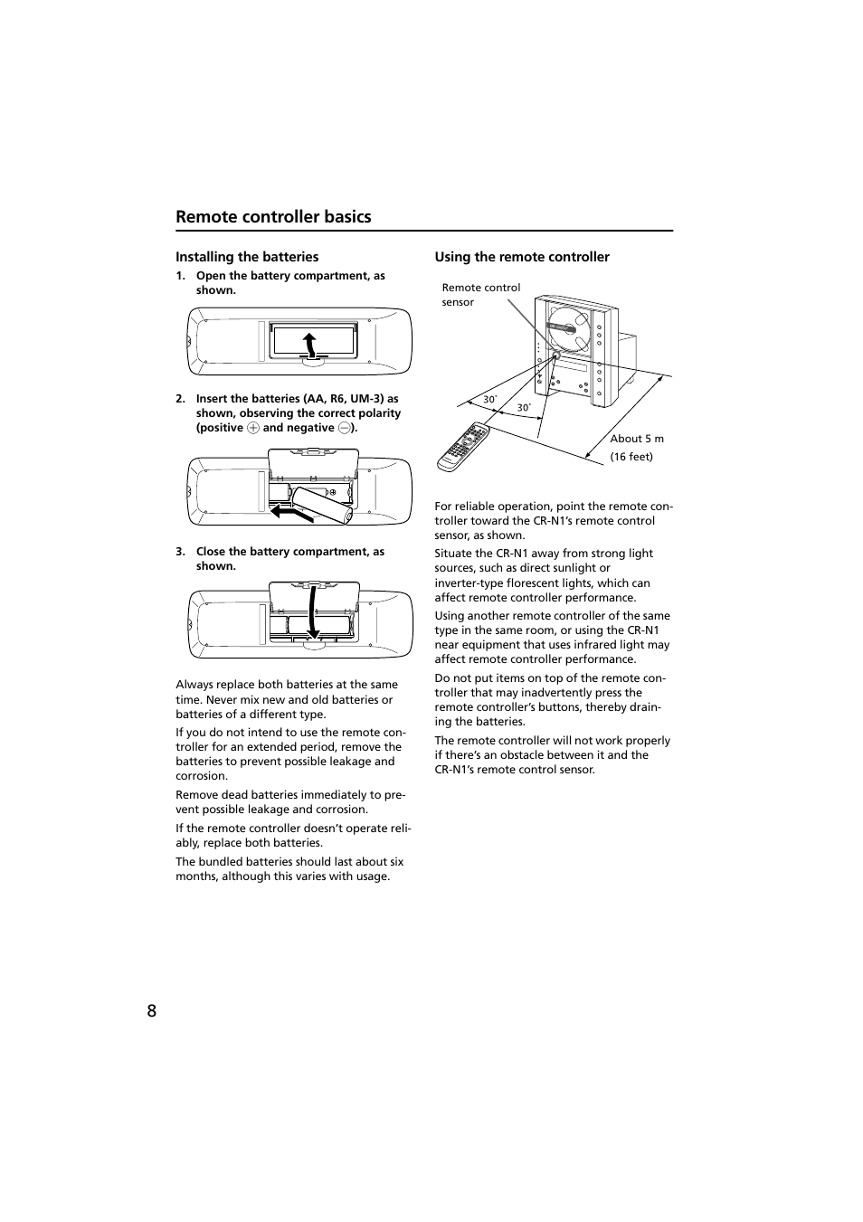 Remote controller basics, Installing the batteries, Using the remote controller | 8remote controller basics | Onkyo CR-N1 User Manual | Page 8 / 64