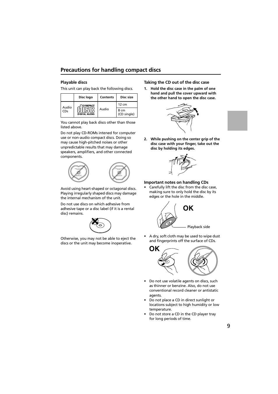 Precautions for handling compact discs, Playable discs, Taking the cd out of the disc case | Important notes on handling cds, 9precautions for handling compact discs | Onkyo CR-N1 User Manual | Page 9 / 64