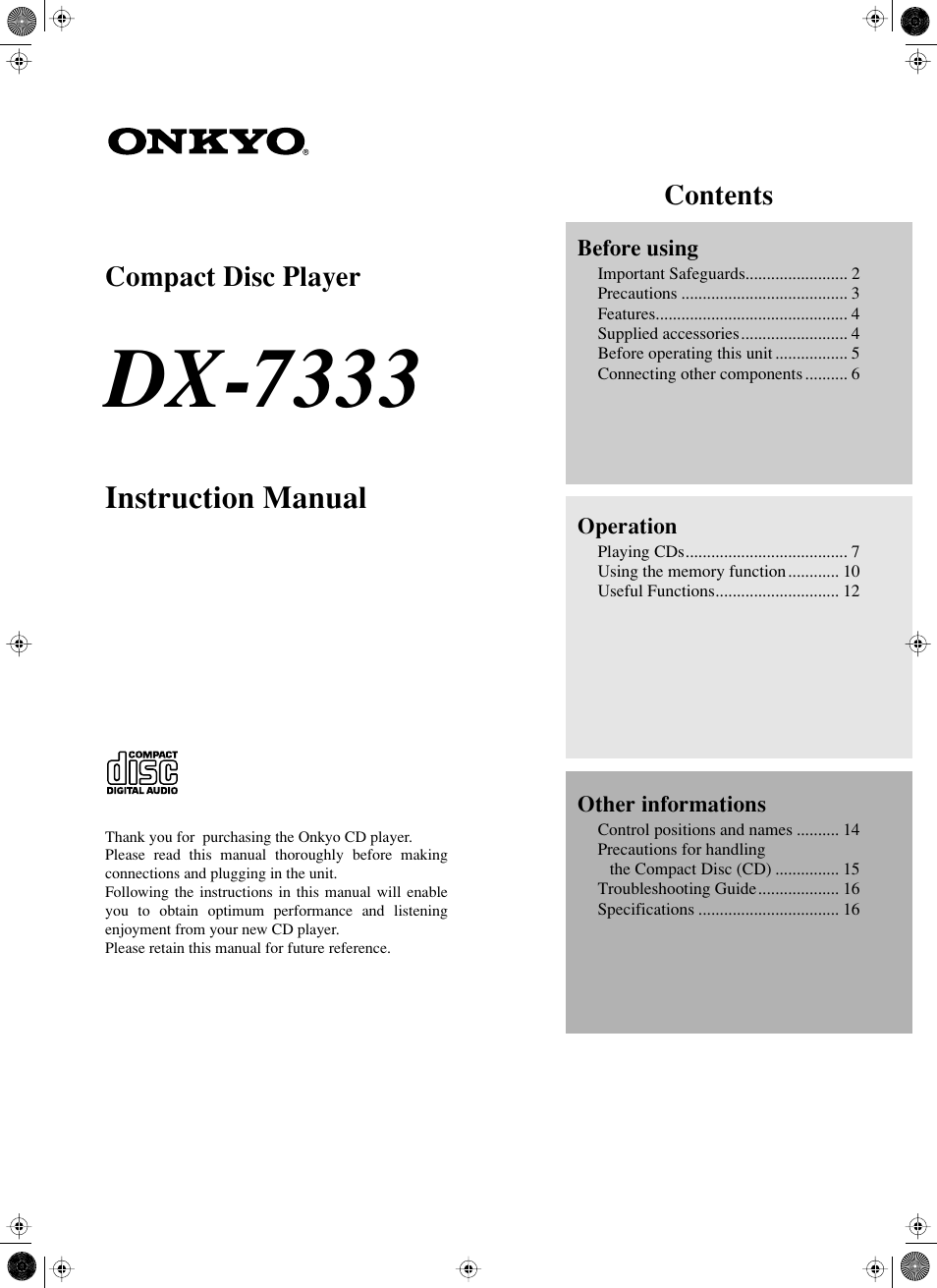 Onkyo DX-7333 User Manual | 16 pages