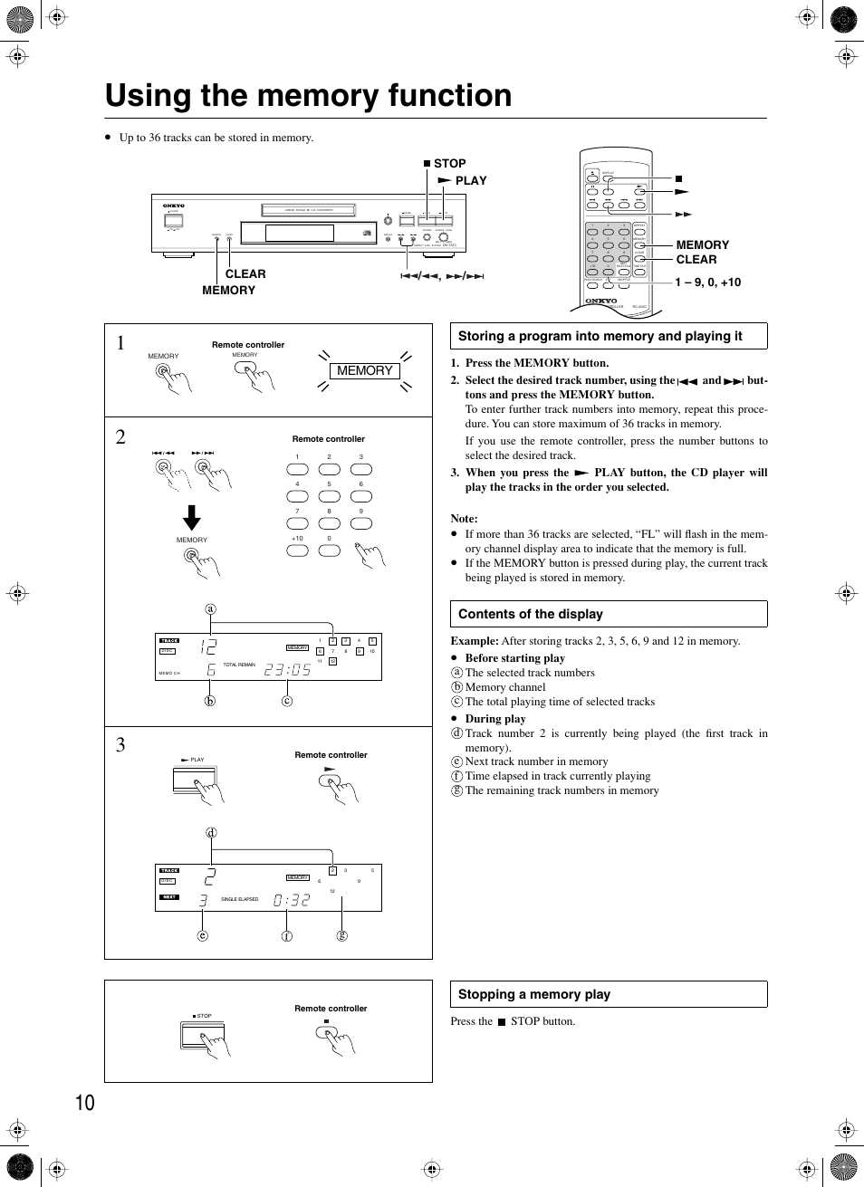 Using the memory function, Storing a program into memory and playing it, Contents of the display | Stopping a memory play | Onkyo DX-7333 User Manual | Page 10 / 16