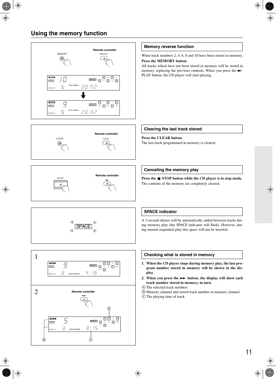 Using the memory function, Memory reverse function, Clearing the last track stored | Canceling the memory play, Space indicator, Checking what is stored in memory, Space, A b c | Onkyo DX-7333 User Manual | Page 11 / 16